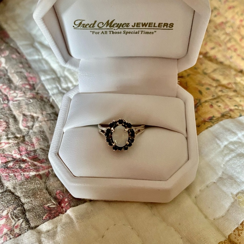 Sterling Silver Sapphire Halo Opal Ring 6 1/2